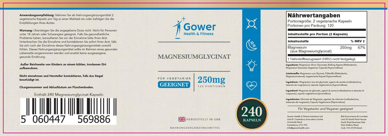 GH Magnesium Glycinate - 250mg Magnesium Bisglycinate per Serving - 240 Glycinate Supplements | Mag Glycinate High Strength Capsules | Non-GMO & Allergen Free | Made in The UK 240 count (Pack of 1)