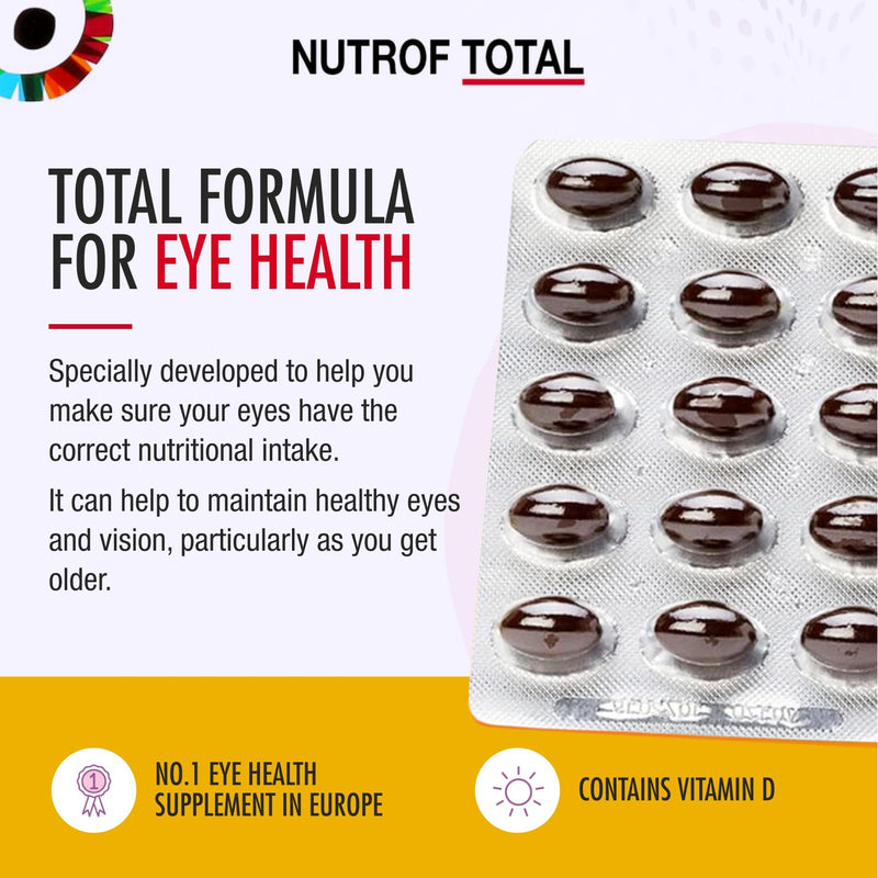 Nutrof Total Capsules – Eye Health Supplement with Lutein, Zeaxanthin, Omega 3, and Antioxidants | Essential Nutrients for Optimal Eye Health | Pack of 30 Capsules (1 Capsule per Day - 1-Month Supply) | Once daily, 11 nutrients and antioxidants, Zinc c...