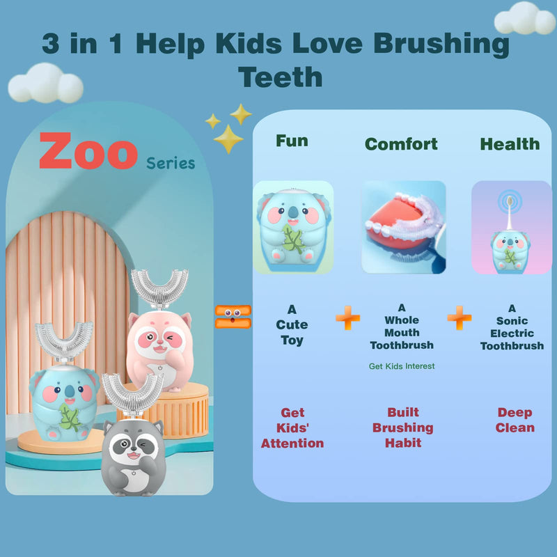 [Australia] - Kids Electric Toothbrush, U Shaped Toothbrush Kids Sonic Automatic Brush with 4 Brush Heads 6 Cleaning Modes IPX7 Waterproof Rechargeable Smart Timer for Children (Ages 8-14, Koala Cyan) Koala (Ages 8-14) 