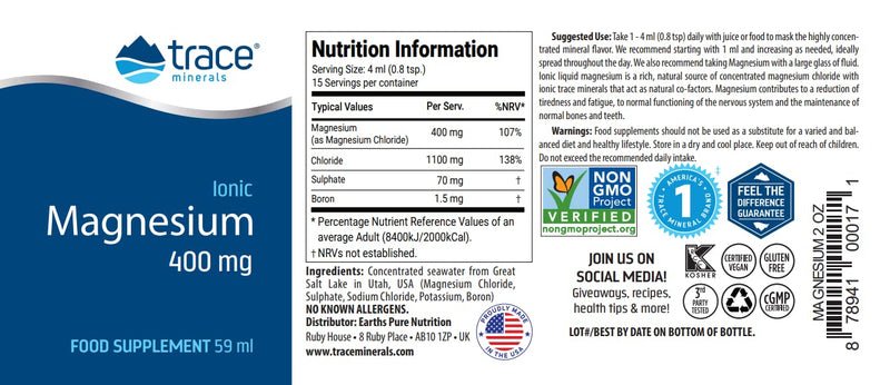 Trace Minerals Ionic Magnesium 59ml - Liquid Ionic Magnesium to Support Immune, Brain & Heart Health - Supplement to Aid Energy & Vitality - Supplement with Magnesium & Sodium