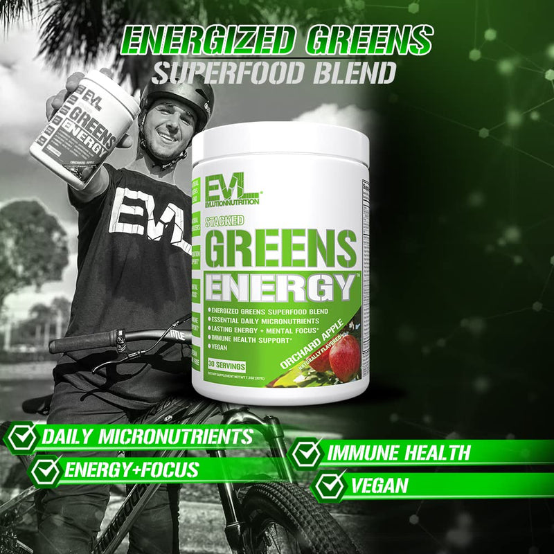 [Australia] - Greens and Superfoods Energy Drink Powder - EVL Super Greens Powder Smoothie Mix with Caffeine Spirulina Chlorella and Wheat Grass - Vegan - for Energy Focus and Immunity 7.3 Ounce (Pack of 1) 