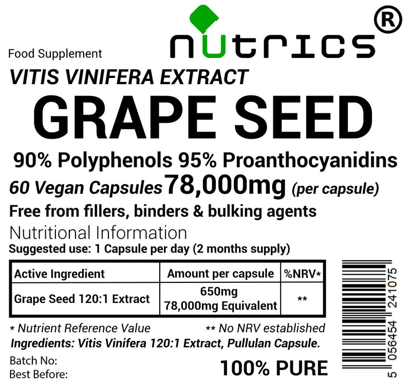 78,000mg (per Capsule) Grape Seed Extract 60 V Capsules (2 Months Supply) 120:1 95% Proanthocyanidins 90% Polyphenols - Pure Grapeseed (60)