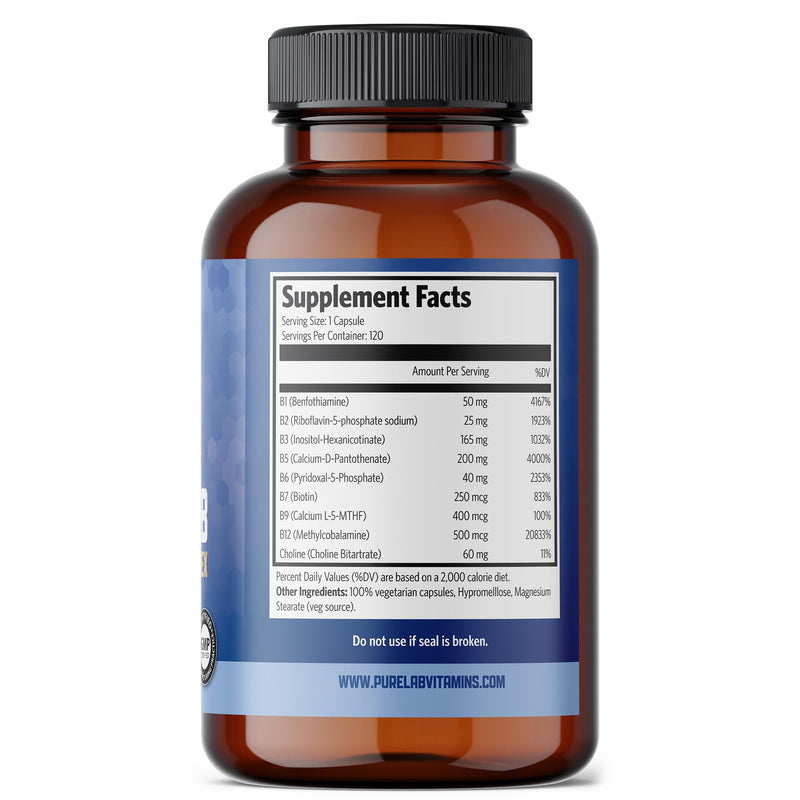 Pure Lab Vitamins Slow Release BioActive B Complex | 120 Vegi-Caps | Slow release formula, methylated B vitamins, Vegan, third-party tested