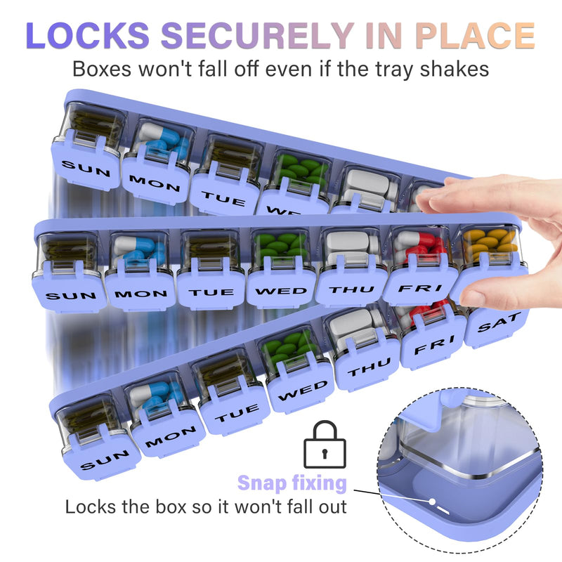 2-Pack Extra Large Weekly Pill Organizer, Travel Pill Box 7 Days | Portable Daily Pill Box with 7 Detachable Compartments, XL Vitamin Holder for Vitamins/Fish Oil/Supplements, Home and Travel Purple and Black