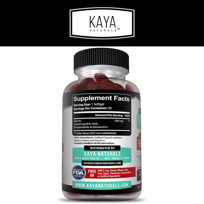 [Australia] - Kaya Naturals - Antarctic Krill Oil 500mg with Omega 3, EPA, DHA, Phospholipids & Astaxanthin Supplement - Brain & Health Vitamin - Anti Aging Supplement - 30 Count Softgels 30 Count (Pack of 1) 