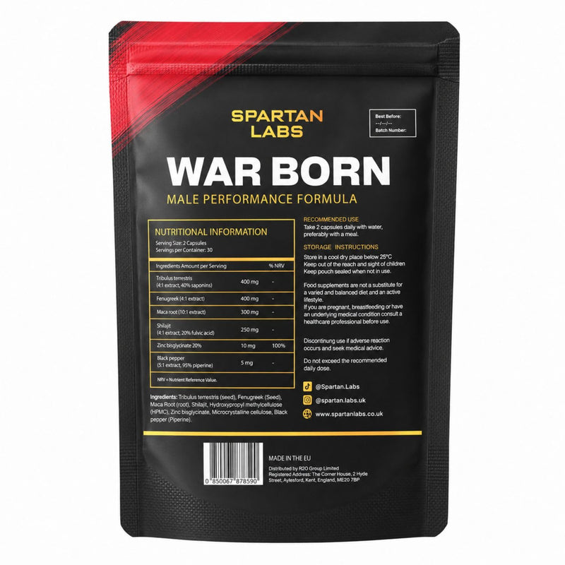 WarBorn Testosterone Supplements for Men - 60 Vegan Tablets (1 Months Supply) with Well-Known Ingredients Like Maca, Fenugreek, Zinc, Shilajit, Tribulus terrestris - Test Boosters for Men