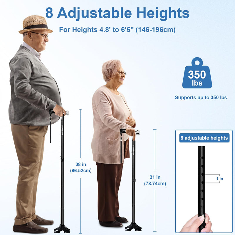 [Australia] - KingPavonini Walking Cane for Men Women Stability, Free Standing Foldable Cane, Ergonomic Handle Pivoting Quad Base, Heavy Duty 350 LBs, Adjustable Walking Canes for Seniors Balance with Travel Bag Black 