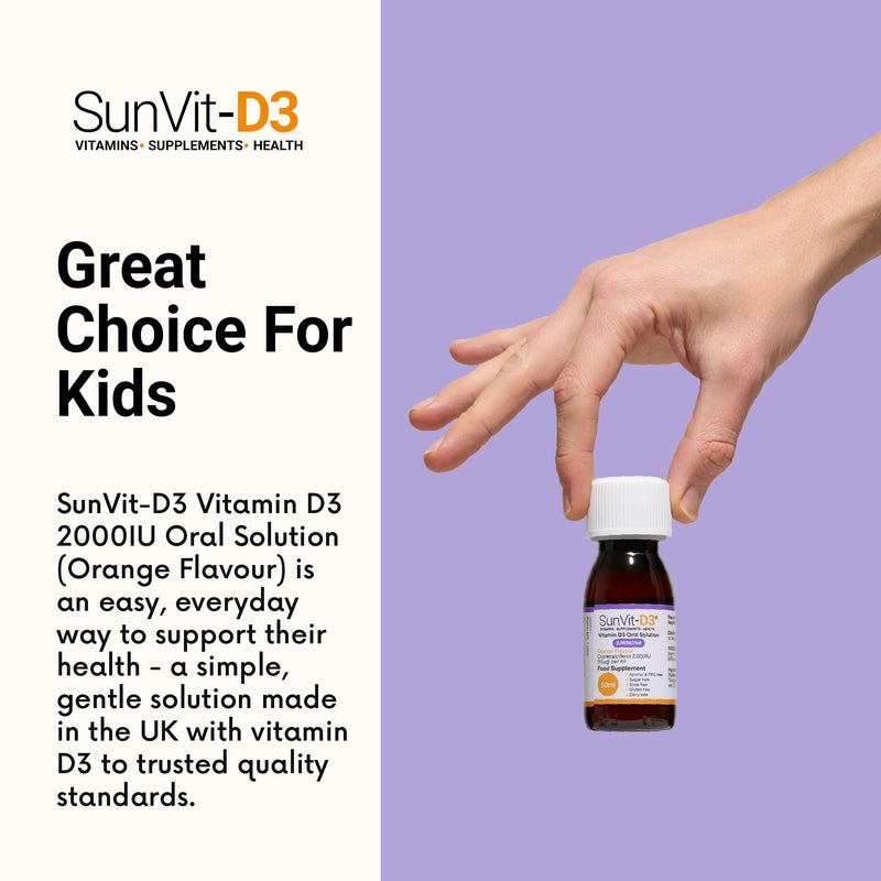 SunVit-D3 Vitamin D3 2000IU Oral Solution - Vitamin D for Kids | Cholecalciferol Vitamin D Drops Baby | Supports Bone, Teeth, Muscle & Immune System (50ml Orange Flavor) 50 count (Pack of 1)