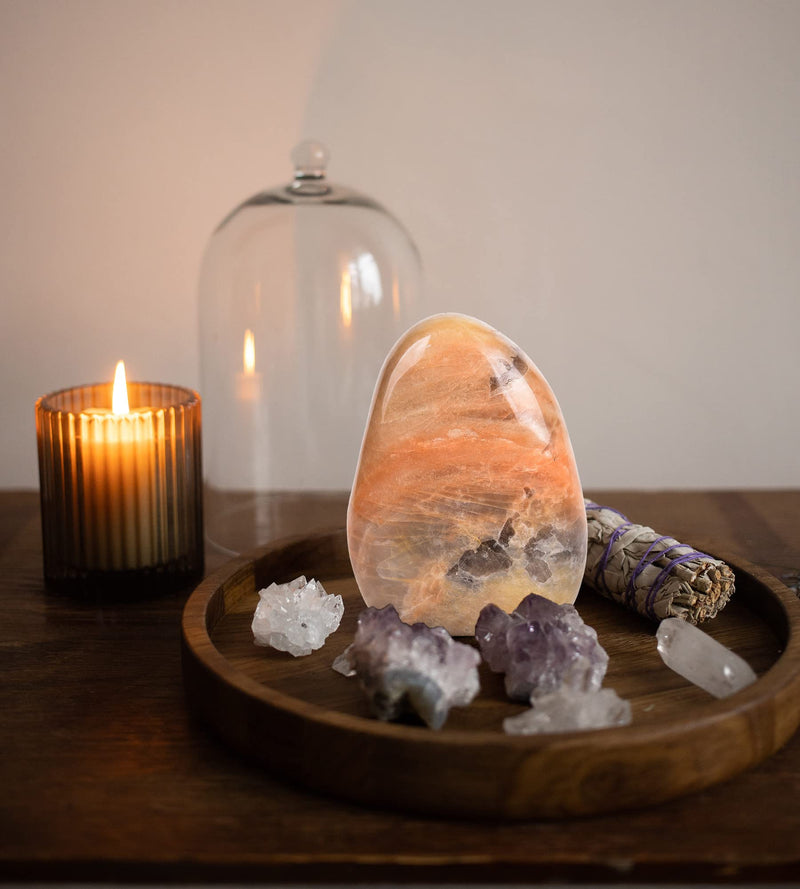 Peach Moonstone Ornament Polished Crystal Tower Slab Orange Healing Reiki Home Decor, Single Irregular 1~1.4 LBS,Student Mineral Specimen Orange Moonstone