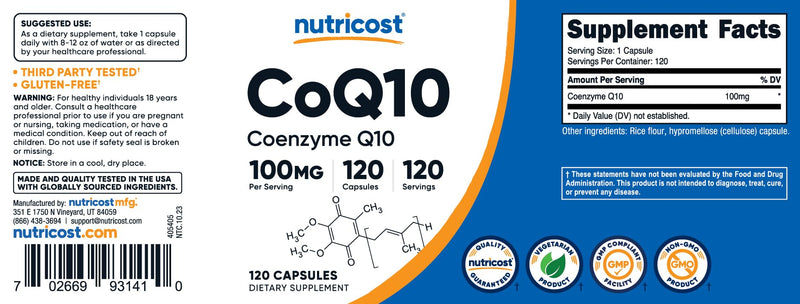 Nutricost CoQ10 100mg, 120 Vegetarian Capsules, 120 Servings - High Absorption, Vegetarian, Non-GMO, Coenzyme Q10 120 Count (Pack of 1)