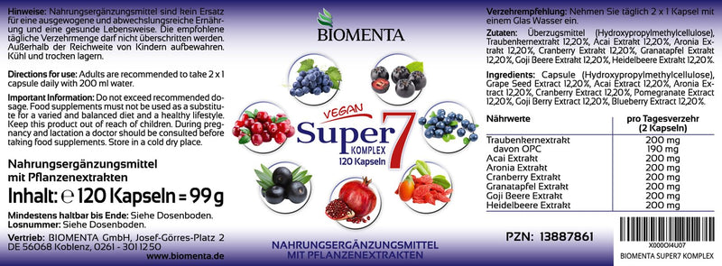[Australia] - BIOMENTA Super7 - 120 high-dose multi-fruit capsules - Berry Mix with OPC + Cranberry + Goji Berries + Aronia Berries + Pomegranate + Acai + Blueberries - vegan - premium quality 