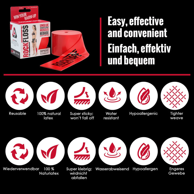 [Australia] - Rocktape RockFloss Tack Mobility Band, Compression Muscle Recovery, Floss for Muscle Soreness, 2" & 4" Width, Red 2" Wide Band 