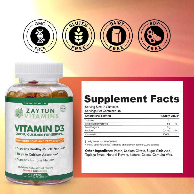 Zaytun Halal Vitamin D3 2000 IU Gummies, Supports Bone & Immune Health, Promotes Muscle Function, Gluten & Gelatin Free, 90 Natural Fruit Flavor Gummies, Made in USA - Halal Vitamins 1