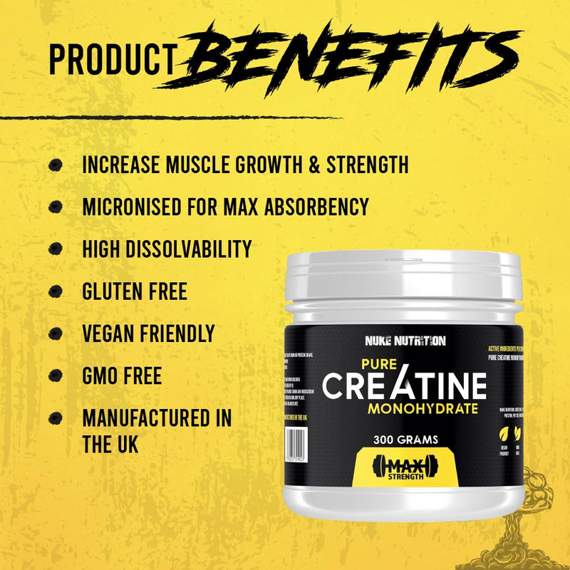 Nuke Nutrition Creatine Monohydrate Powder 300g - Micronised Creatine Powder for Gym Workout - Unflavoured Muscle Building Supplements for Post and Pre-Workout - Improve Performance & Bolster Strength