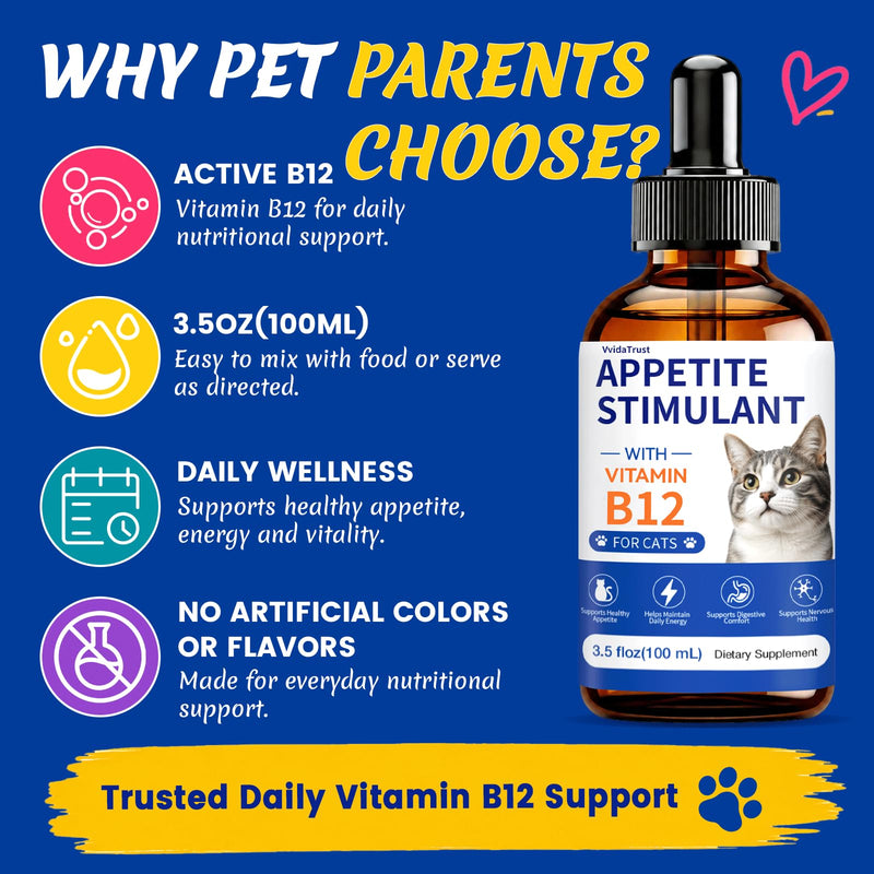 Appetite Stimulant for Cats – Vitamin B12 (Methylcobalamin) Supplement | Mood, Energy, Appetite, Immune System Support - 3.5 fl oz