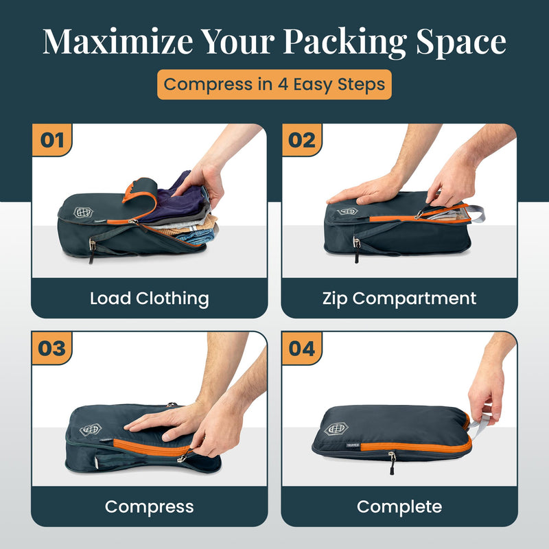 TRIPPED Travel Gear Extra Large Compression Packing Cubes 6-Piece Set Grey/Orange