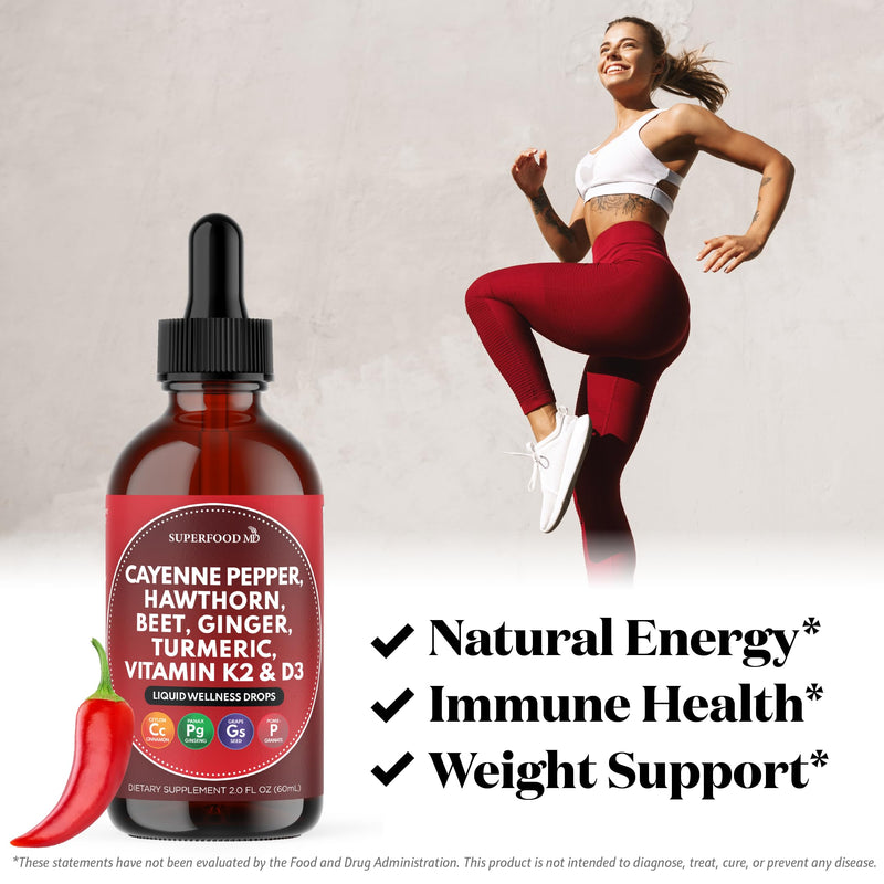 Cayenne Pepper Supplement Liquid Drops + Hawthorn Berry, Vitamin D3 K2 Beet Root Powder, Ceylon Cinnamon, Turmeric Curcumin, Organic Panax Ginseng - 8 OZ 8 Fl Oz (Pack of 4)