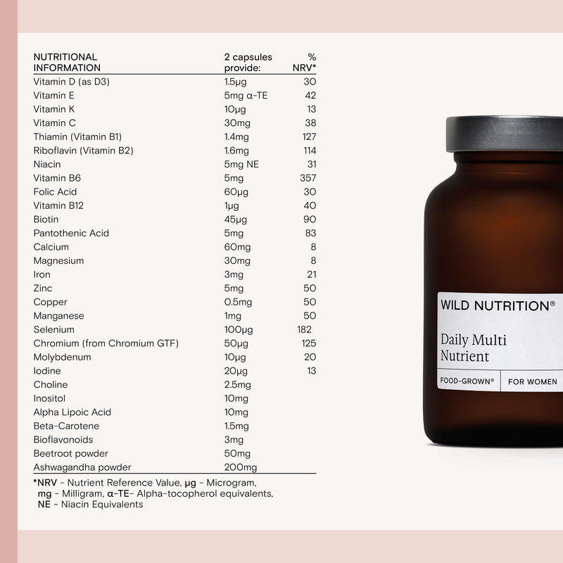 WILD NUTRITION Food-Grown® Women's Daily Multi Nutrient | to Support Hormonal Balance, Fatigue, and Mental Resilience | Multivitamins for Women | 60 Capsules