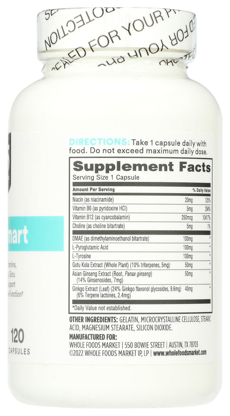 365 by Whole Foods Market, Think Smart with B Vitamins, Amino Acids, Ginkgo, Asian Ginseng, Gotu Kola, & Choline, 120 Capsules 120 Count (Pack of 1)