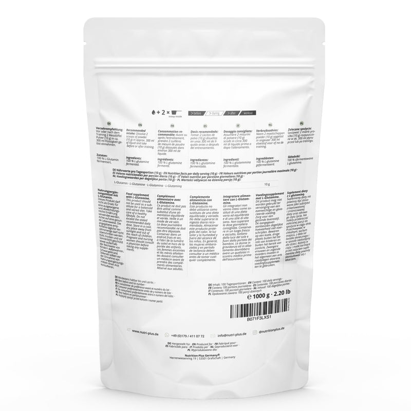 [Australia] - Nutri + L Glutamine Powder Vegan 1 kg - Neutral & high dosage without additives - 100% naturally pure - Fermented L-Glutamine Powder Made in Germany 