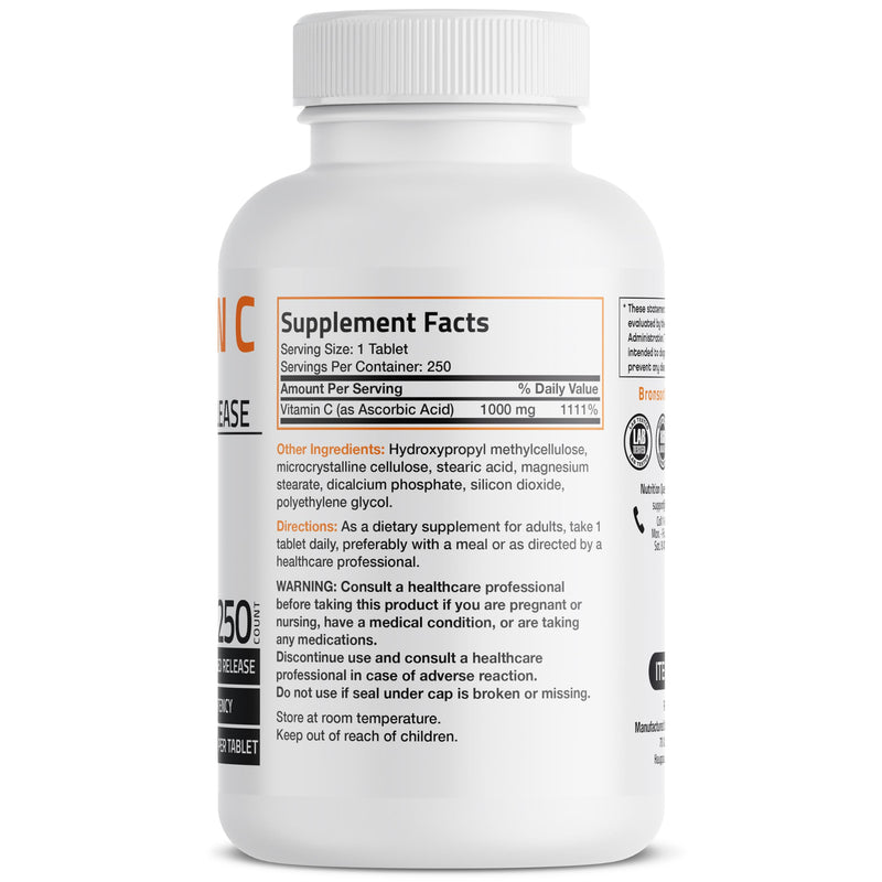 Bronson Vitamin C 1000 mg Sustained Release Premium Non-GMO Ascorbic Acid, 250 Tablets