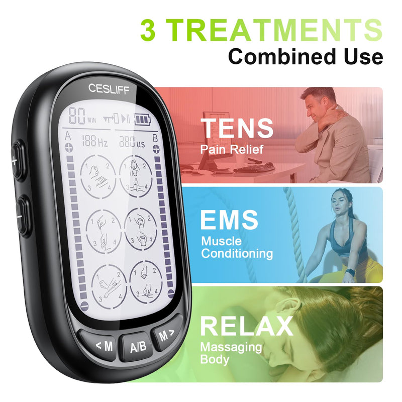 Dual Channel TENS EMS Unit 24 Modes 36 Levels, Upgraded Large Screen Intensity Muscle Stimulator for Back Neck Shoulder Pain Relief, Rechargeable Electric Pulse Massager TENS Machine with 10 Pads Black