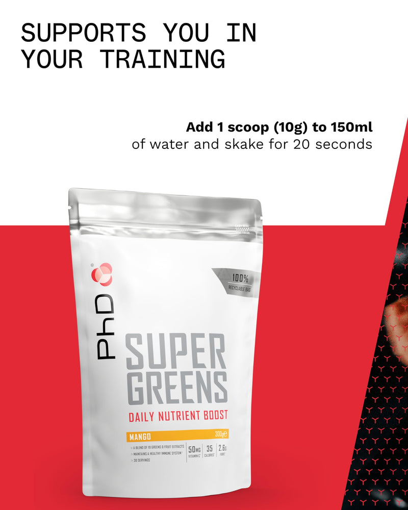 PhD Nutrition Super Greens Powder, Mango Flavour, High Fibre Low Sugar, Blend of 18 Nutrient Rich Fruits and Vegetables, 300 g