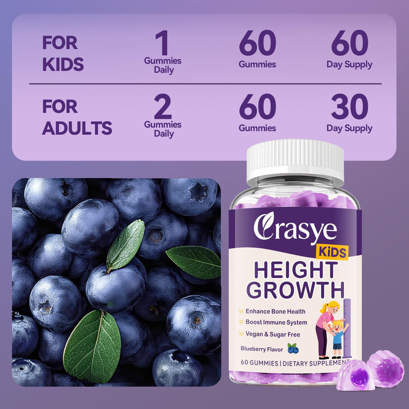 Height Growth Gummies for Kids & Teens Support Bone Strength and Immunity | Calcium, Vitamin D3 + K2, Zinc, Magnesium, L-Arginine, Teen Heightener Multivitamin Gummies for Children, 60 Gummies