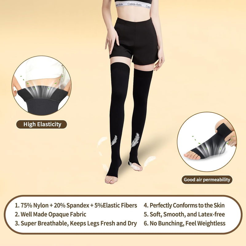 Thigh High Compression Stockings, Open Toe, Pair, Firm Support 20-30mmHg Gradient Compression Socks with Silicone Band, Unisex, Opaque, Best for Spider & Varicose Veins, Edema, Swelling, Black XXL 2X-Large