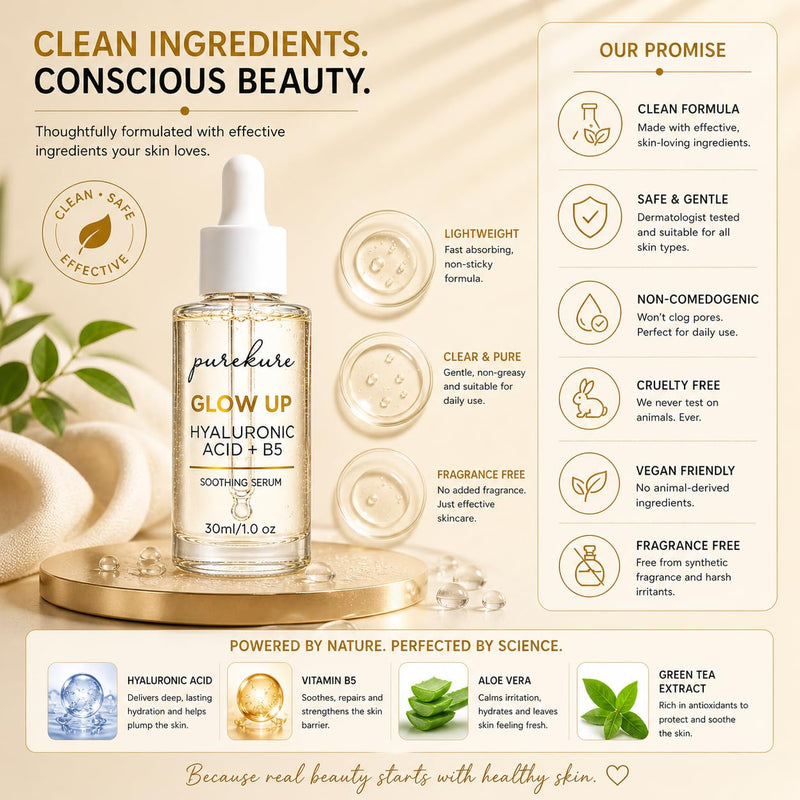 Hyaluronic Acid Serum for Dry & Sensitive Skin – Organic, Deep Hydration + Vitamin B5 for Barrier Repair, Lightweight Face Serum for Fine Lines & Smooth Skin, Non-Greasy, 30 mL