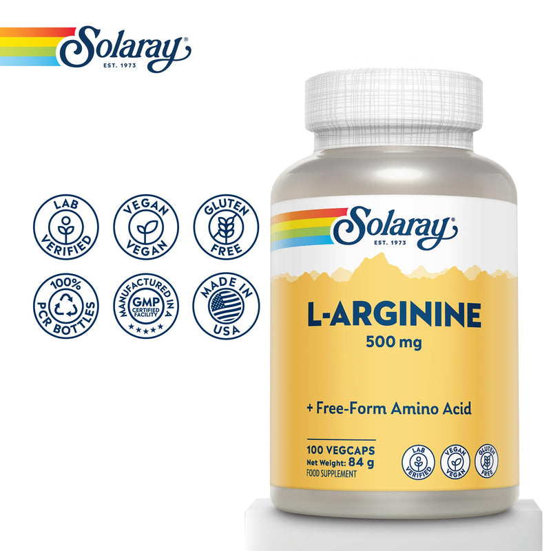 Solaray L‑Arginine 500mg – 100 Vegan Capsules – Pure Free‑Form Amino Acid – Gluten Free – Lab Verified