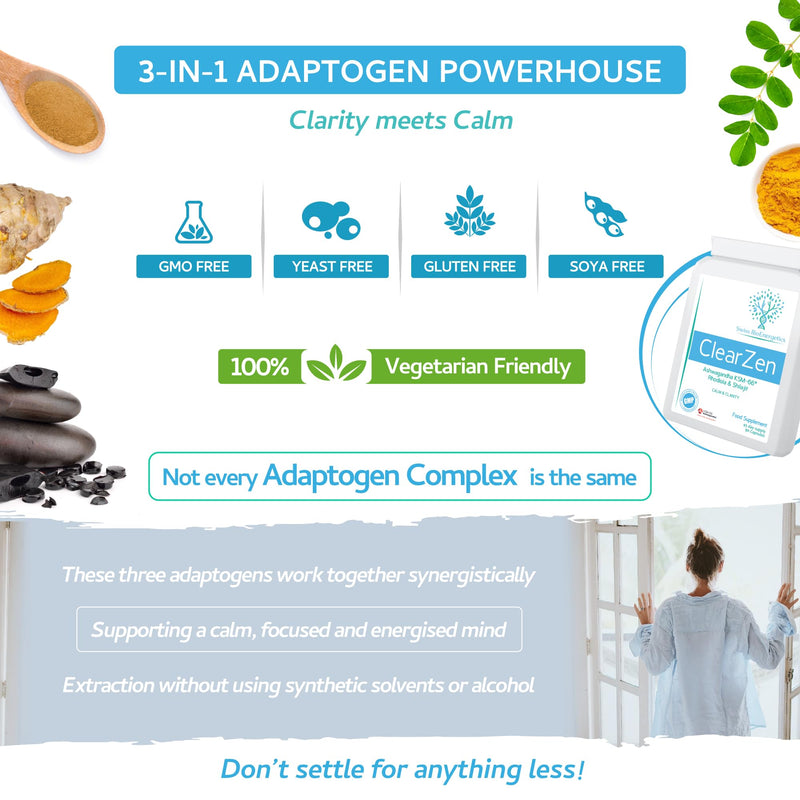 Rhodiola, Ashwagandha and Shilajit - ClearZen - Adaptogen 3-in-1 Ashwagandha KSM-66 1500mg, Rhodiola 500mg (3% Rosavins, 1% Salidrosides) & Shilajit 60% Fulvic Acid - No Artificial fillers or Binders