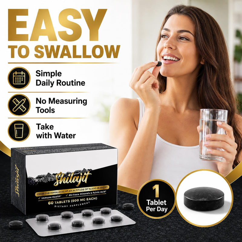 Shilajit Tablets 30000mg, Himalayan Shilajit Supplement with Fulvic & Humic Acid, 85+ Trace Minerals, Easy-Swallow Tablets, Caffeine-Free Daily Mineral Supplement for Men and Women