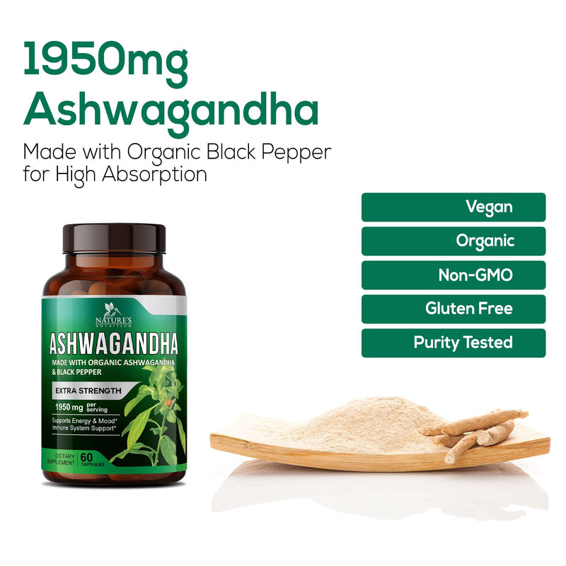 [Australia] - Nature's Nutrition Organic Ashwagandha Capsules Extra Strength 1950mg - Stress Support Formula - Natural Mood Support - Focus & Energy Support Supplement - 60 Capsules 60 Count (Pack of 1) 