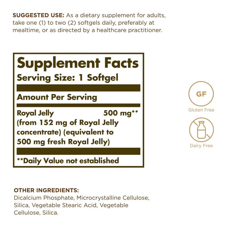 Solgar Royal Jelly "500" - 60 Softgels - Gluten Free, Dairy Free - 60 Servings