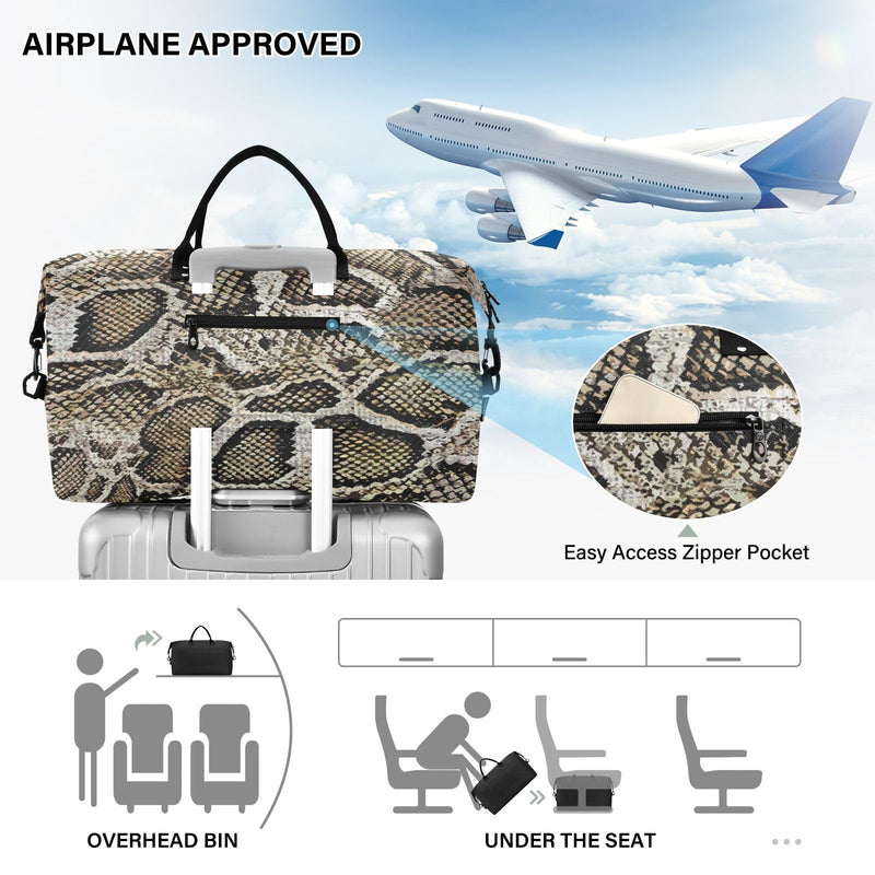 Aflyko Animal Print Travel Duffel Bag Snakeskin Dark Brown Sport Tote Gym Bag Weekender Overnight Bag for Men Women Flight Approved Carry On Bag Fitness Dance Go-To Bag Daily Bag Multi-019