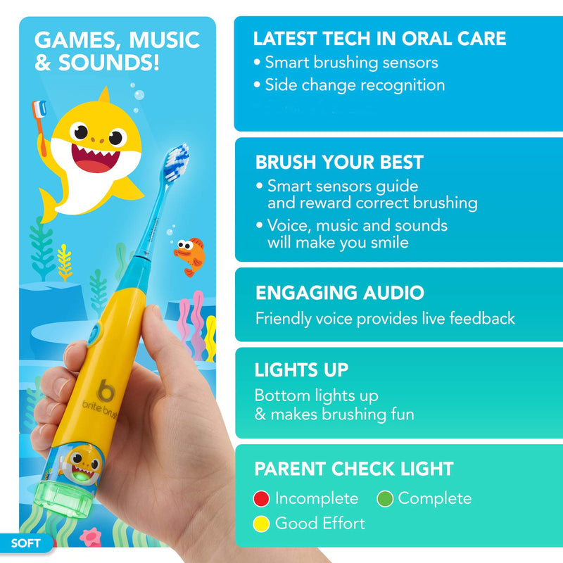 [Australia] - BriteBrush™ - Interactive Smart Kids Toothbrush featuring Baby Shark 1 Count (Pack of 1) 