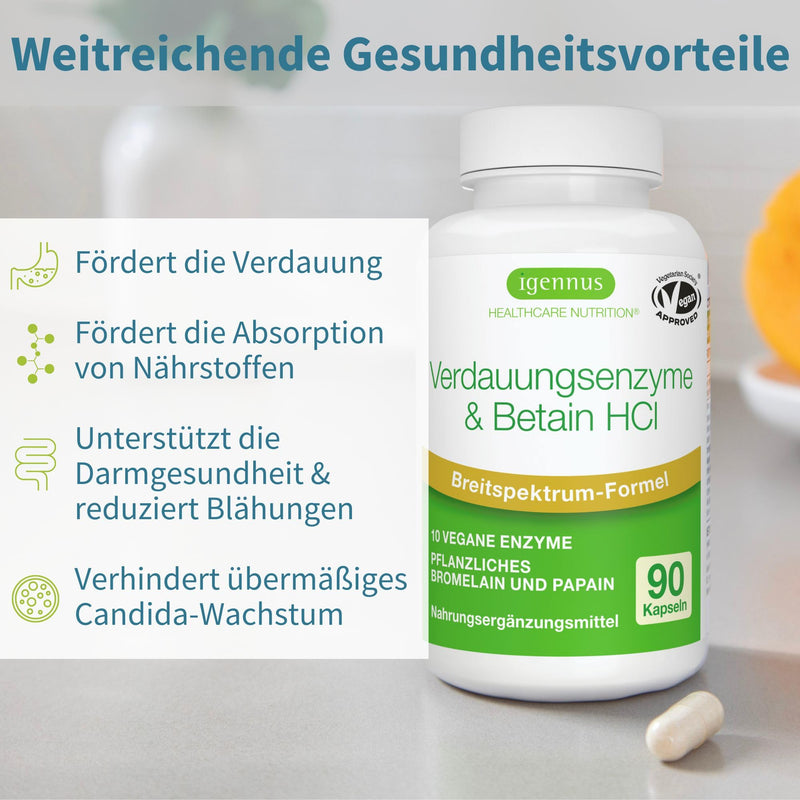 [Australia] - Digestive enzyme complex with betaine HCl & bromelain, 10 vegan enzymes with papain & lipase, comprehensive digestive aid, hypoallergenic, 90 capsules, from Igennus 