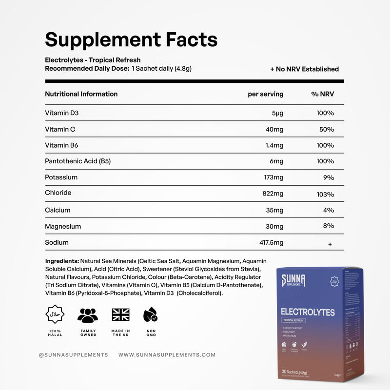 SUNNA SUPPLEMENTS Electrolyte Powder – 30 Tropical Flavour Sachets – Sugar-Free Hydration Drink with Magnesium, Potassium & Calcium – Convenient Drink Mix for Active Lifestyles Tropical Refresh