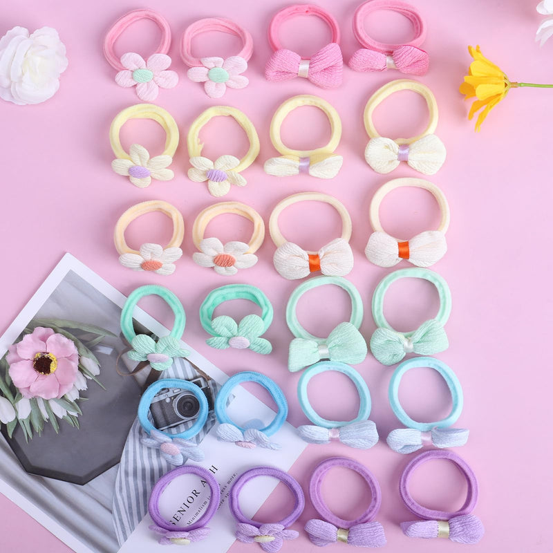 [Australia] - 24 Pcs Toddle Hair Ties for Girls Baby hair tie Cute Flower Elastic Toddler Hair Ties Candy Bow Seamless Ponytail Holders Scrunchies Little girls Hair Accessories for Thick Hair 