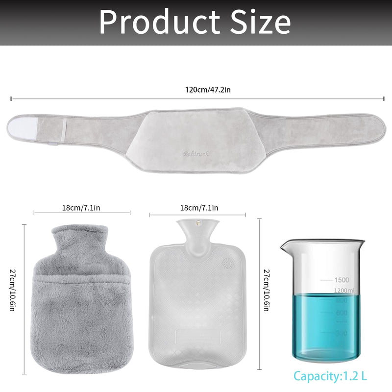 [Australia] - Behiruch Hot Water Bottle Belt, 1.2 L Hot Water Bottle with Cover and Soft Waist Cover, 3 in 1 Hot Water Bottle Belt Made of Rubber for Neck Shoulder Back Legs Waist Warming (Grey) 