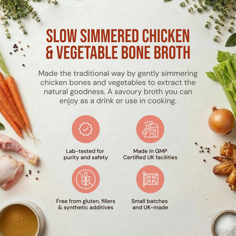 Honest + Good Chicken & Vegetable Bone Broth Powder - 300 g | 1 Month Supply | UK Made Gold Award Winner | Made With Free Range Chicken | Type II Collagen & Protein Promote Hair Skin Nail & Gut Health