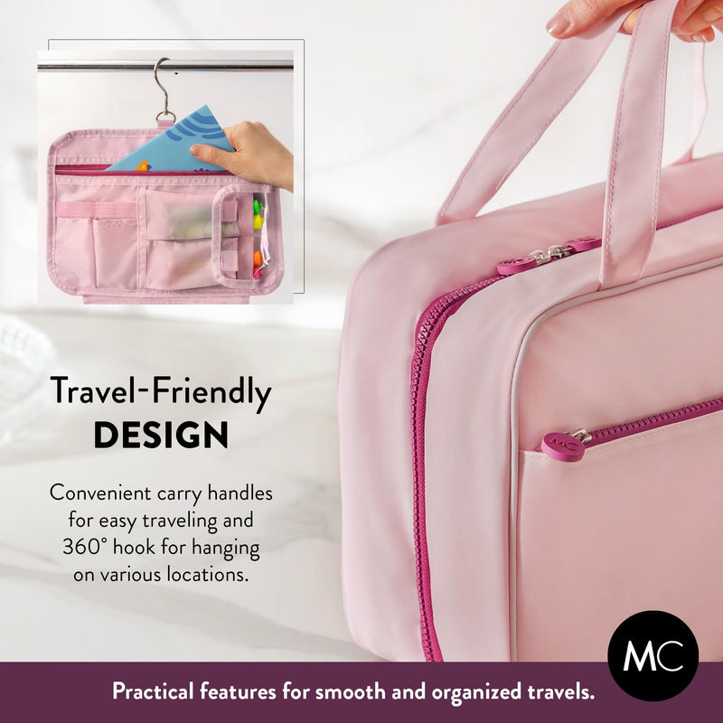Kids Travel Organizer – Multi-Compartment, Water-Resistant Hanging Bag for Toys, Snacks, & Activities - Compact, Lightweight Design with Hook & Carry Handle - Perfect for Travel Use (Pink, Large) Pink