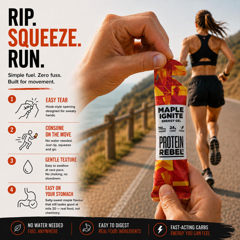 Maple Ignite - Natural Energy Gels with Grade A Canadian Maple Syrup for Running, Cycling & Endurance by Protein Rebel - Easy to Digest Running Gels - 24g Carbs, Electrolytes (8 Sachets) Maple Ignite 36 g (Pack of 8)