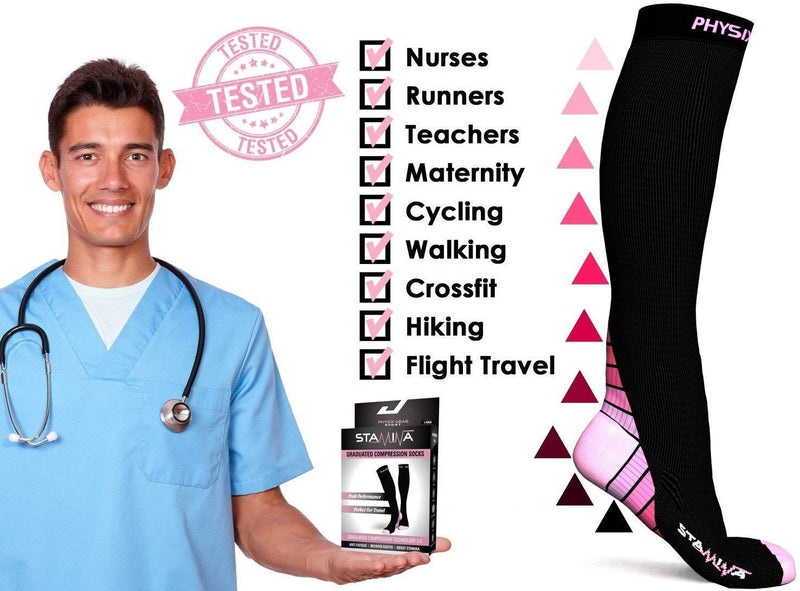 [Australia] - Physix Gear Compression Stockings Men Compression Stockings High Compression Stockings Women for Travel Airplane Pregnancy Cuff Compression Stockings Leg S-M Black/Pink 