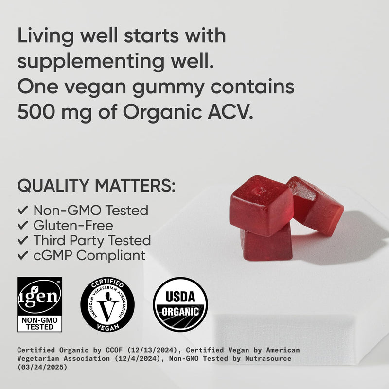 Sports Research® Organic Apple Cider Vinegar Sugar-Free Gummies, 60 Count | ACV 500mg For Diet Cleanses & Digestion | Non-GMO, Certified Vegan, Gluten Free ACV Gummies