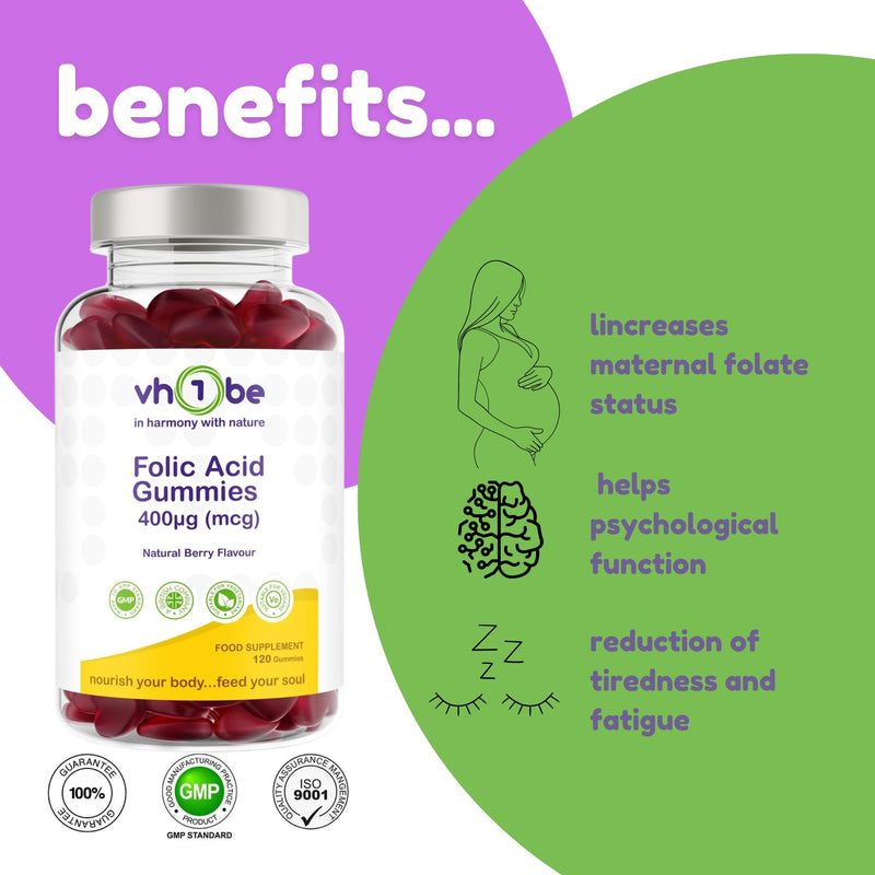 Folic Acid Gummies 400µg – Prenatal & Pregnancy Support – Berry Flavour Vegan Supplement – 120 Gummies