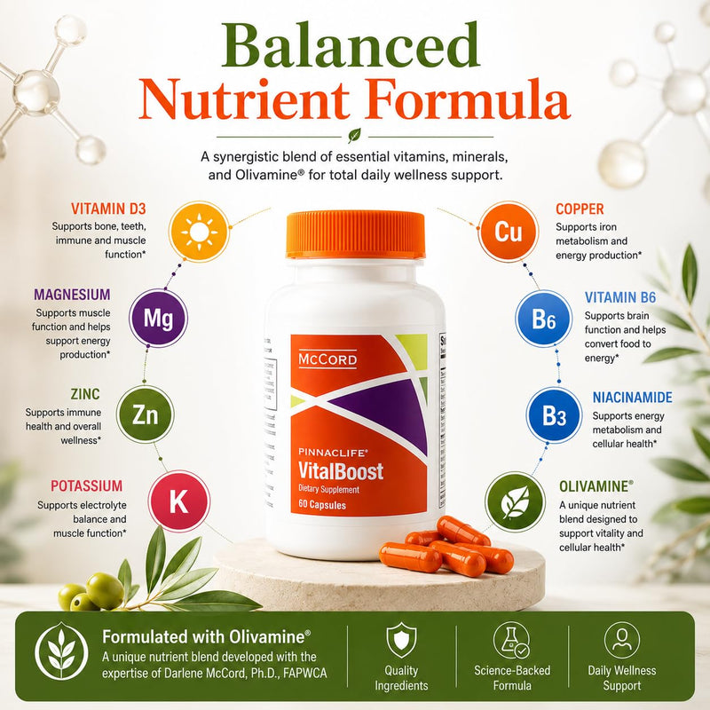 McCord VitalBoost Energy, Memory & Immunity Supplement with Vitamin D3, Magnesium, Zinc, Potassium & Olivamine, Supports Heart, Bone, Cognitive & Immune Health, Gluten-Free, 60 Capsules