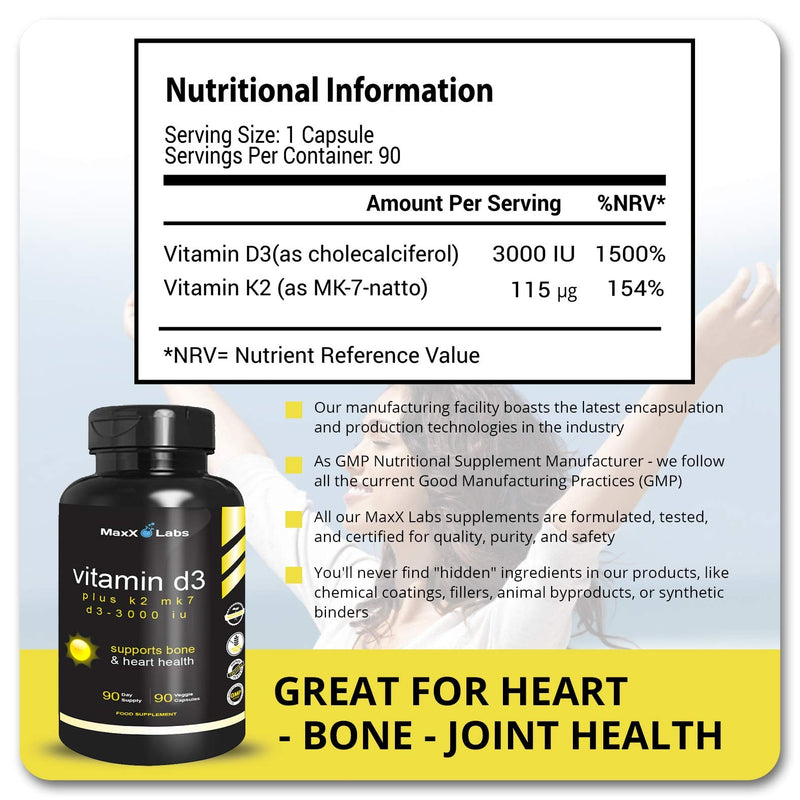 Vitamin D3 K2 3000 IU with Vitamin K as MK-7 from Natto, Non-GMO, 90 Ct | High Potency Vitamin D Supplement Support Healthy Bones, Teeth, Heart & Immune Function - Gluten Free, USA Made, 90 Servings 90 Count (Pack of 1) Vitamin D3 + K2 Capsules