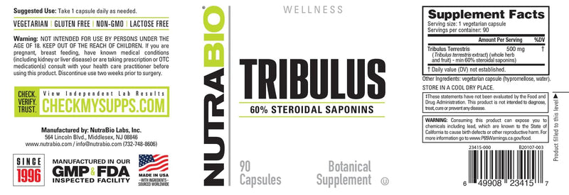 [Australia] - NutraBio Tribulus Terrestris Extract Supplement, 500mg - Tribulus Terrestris for Men and Women- Natural Vitality Booster, 90 Capsules 